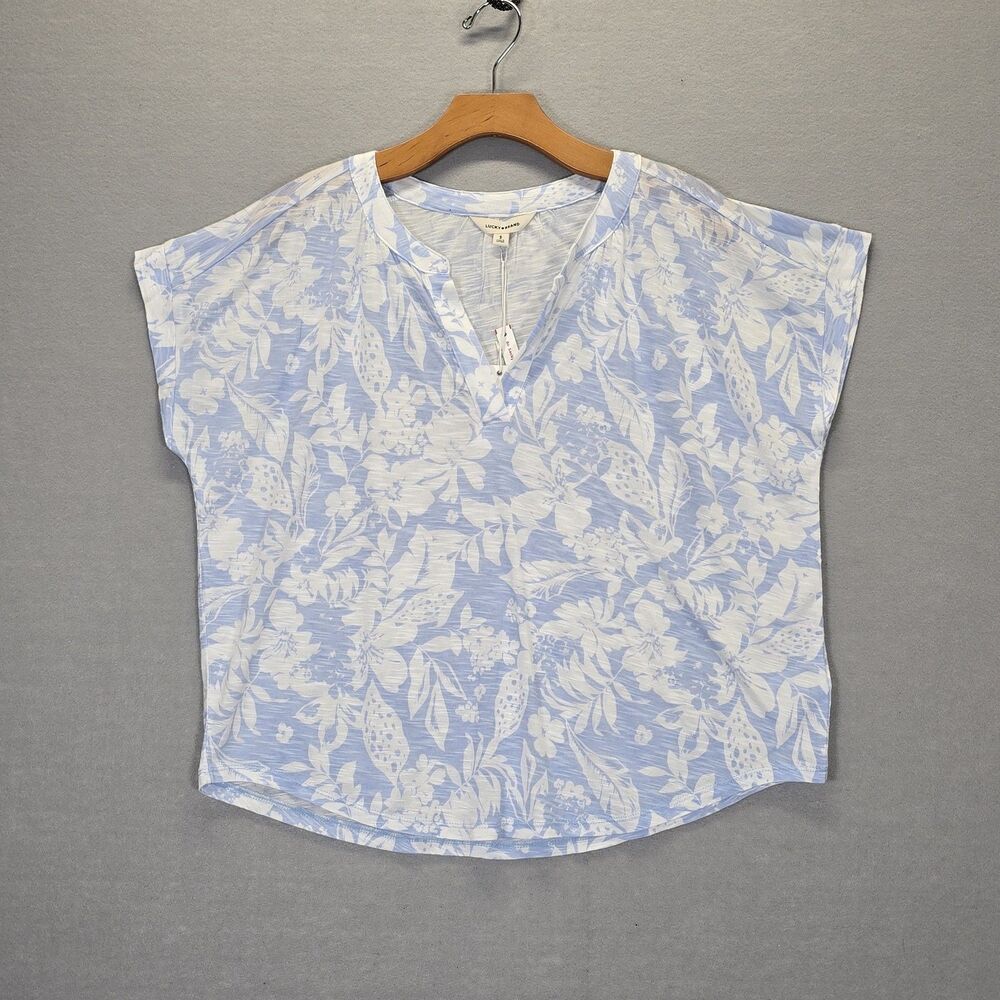 Lucky Brand Sandwash Notch Top blue white lightweight flowy floral Size Small
